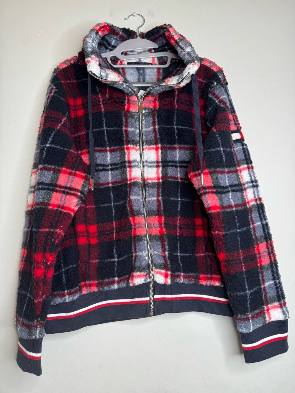 Tommy Hilfiger Red Black White Plaid Sherpa Zip Jacket